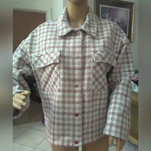 LIKE NEW Plaid Button-Up BLAZER BY PLM SZ LG WHITE/ MAUVE TEXTURE POCKETS CLASSY